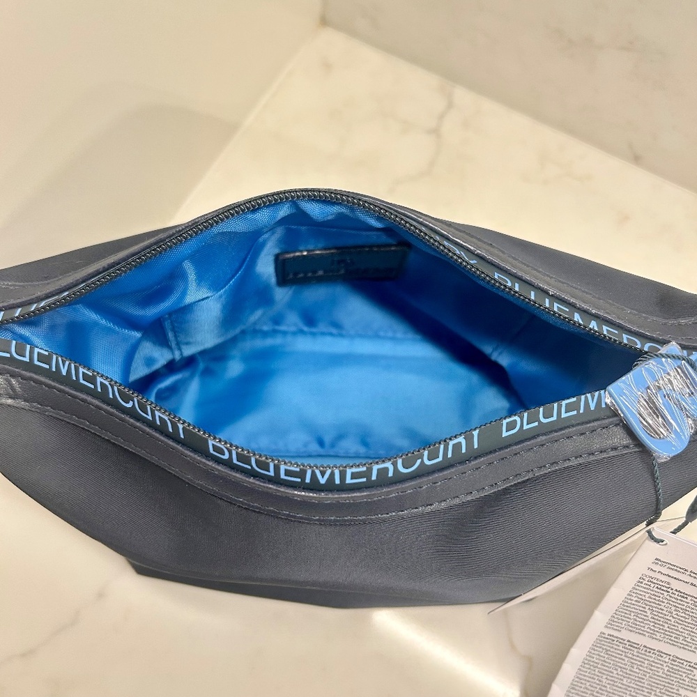 Bluemercury Navy Satin Cosmetic Bag - Lined, Inner Pocket, Seamless Top Zip - Picture 4 of 4